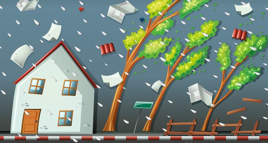 Representation of a storm impacting a home and the immediate surroundings